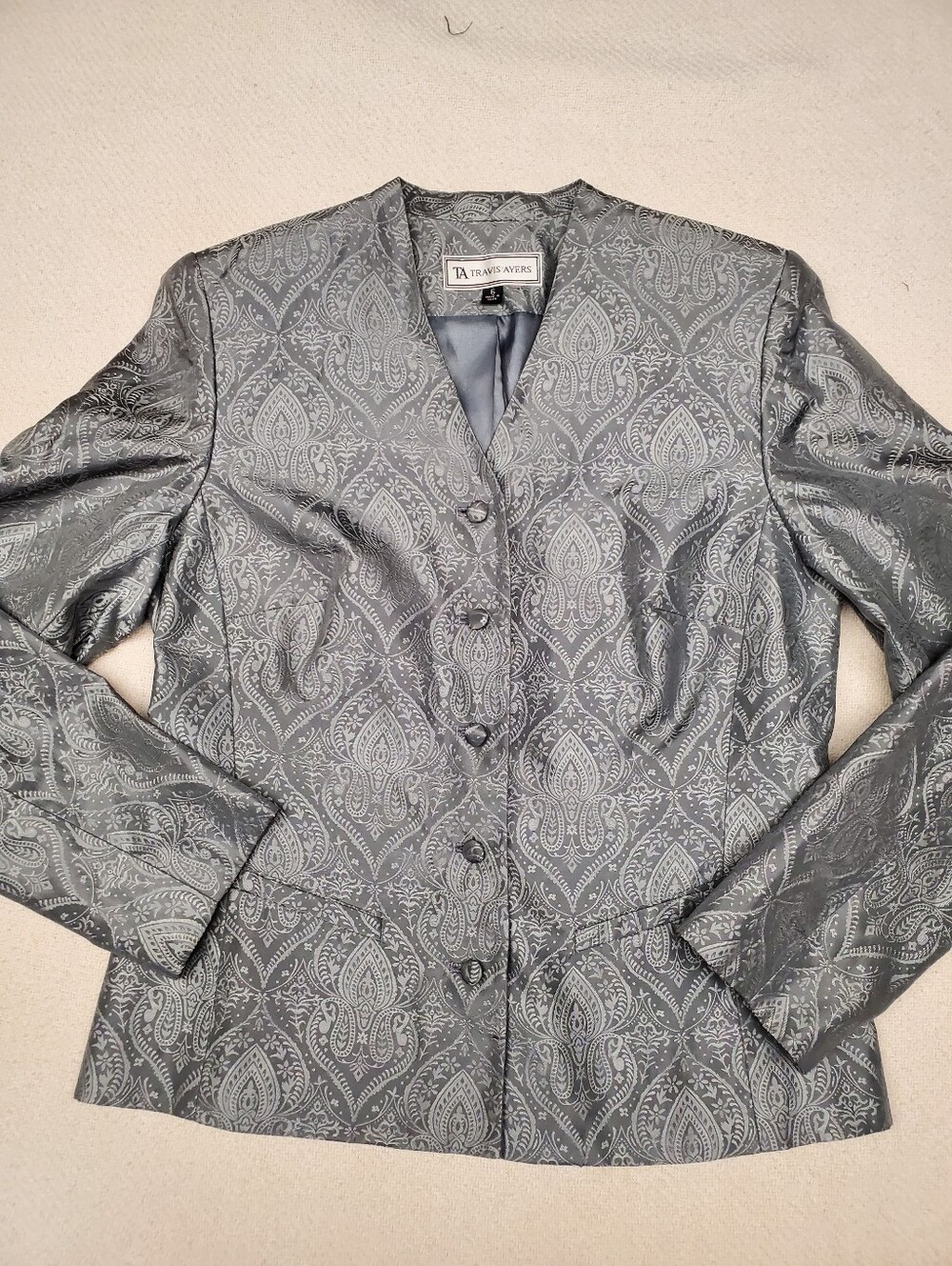Travis Ayers 100% Silk Paisley Blazer Jacket Size 6 Gray Damask Lined Career